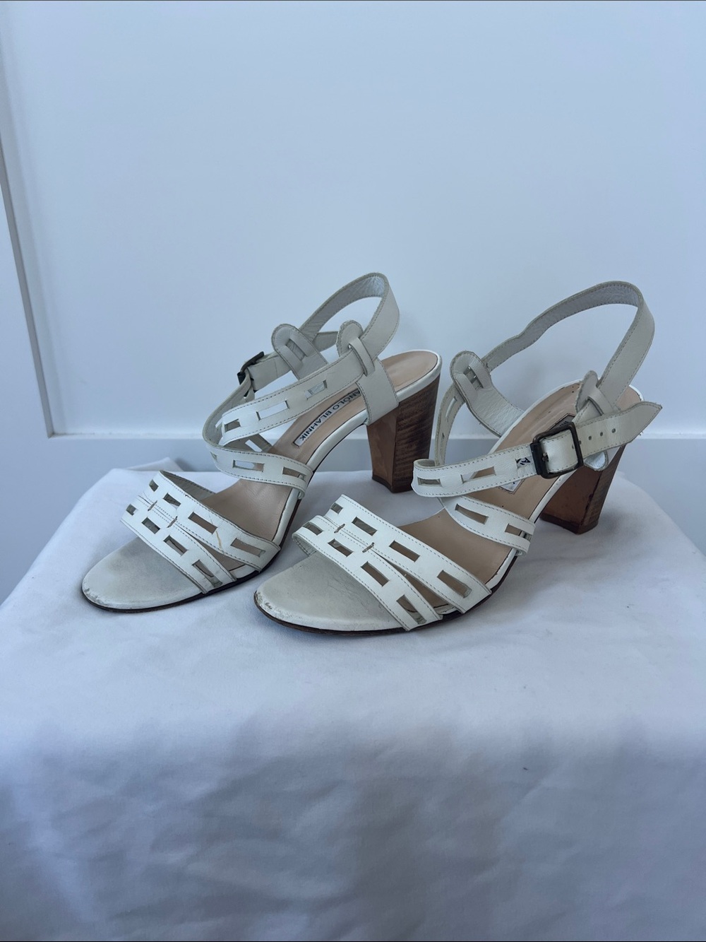 Manolo Blahnik White Strappy Block Heel Sandals